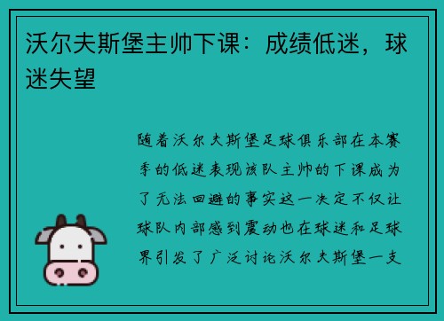 沃尔夫斯堡主帅下课：成绩低迷，球迷失望